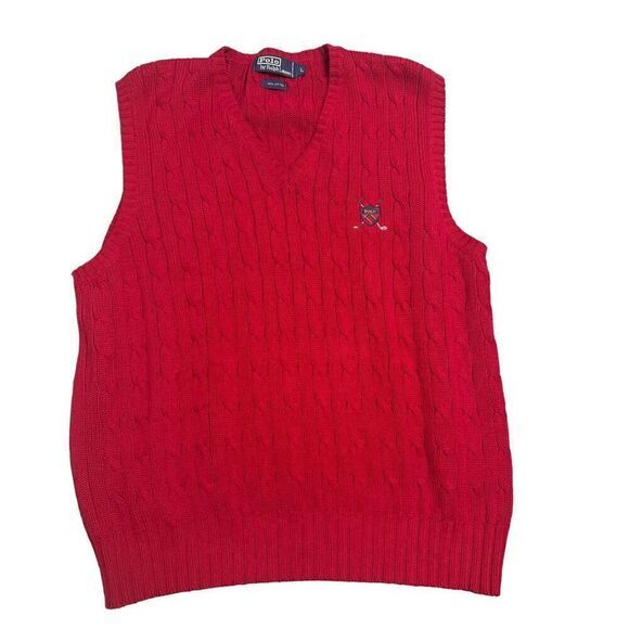 Polo Ralph Lauren Other - Polo By Ralph Lauren Large Red Cable Knit Vest Golf Club Crest 100% Cotton VTG